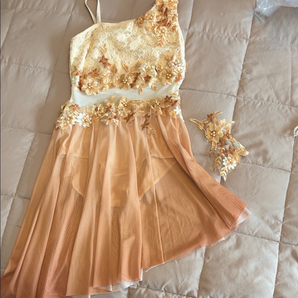 Light Bronze Floral Lyrical Costume. Asymmetrical strap and mesh waist detail.